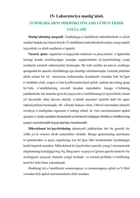 O'Simliklarni Mikroklonlash Uchun Ekish Usullari