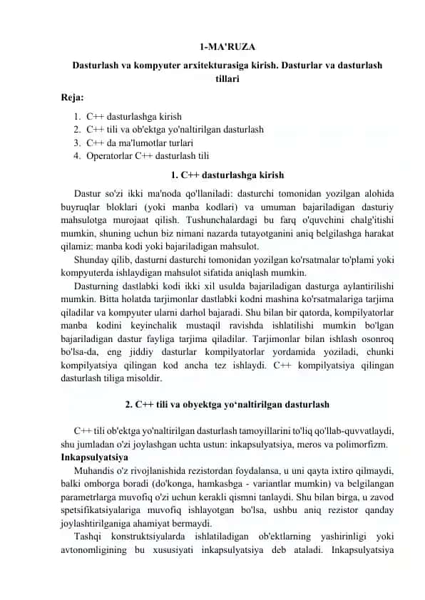 Dasturlash va kompyuter arxitekturasiga kirish. Dasturlar va dasturlash tillari