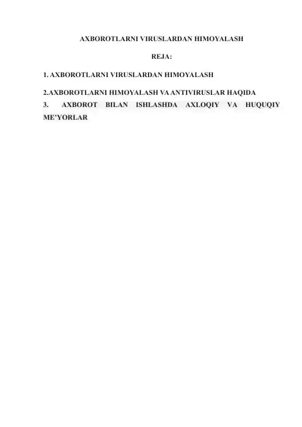 AXBOROTLARNI VIRUSLARDAN HIMOYALASH