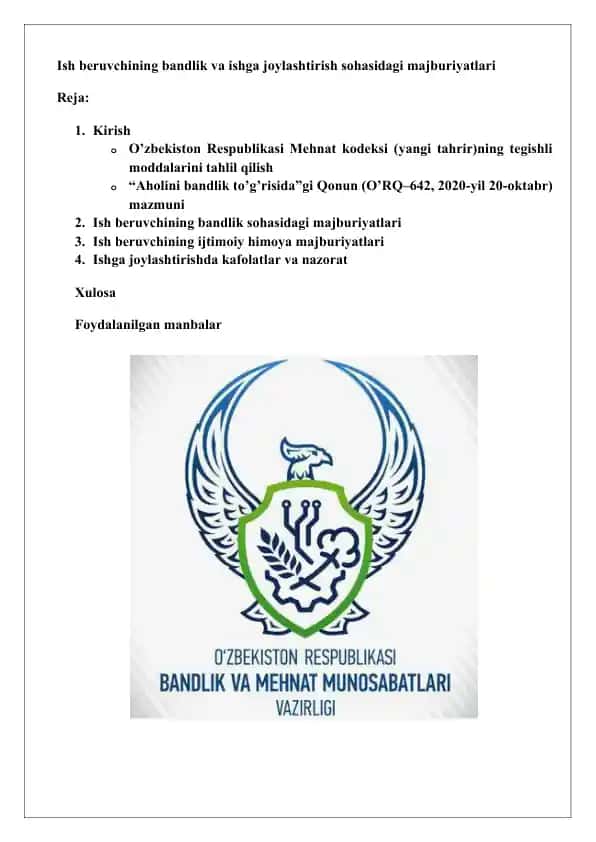 Ish beruvchining bandlik va ishga joylashtirish sohasidagi majburiyatlari