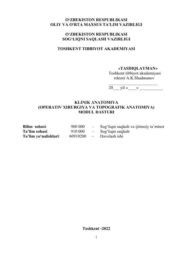 Modul Dasturi "Klinik anatomiya (Operativ xirurgiya va topografik anatomiya)"