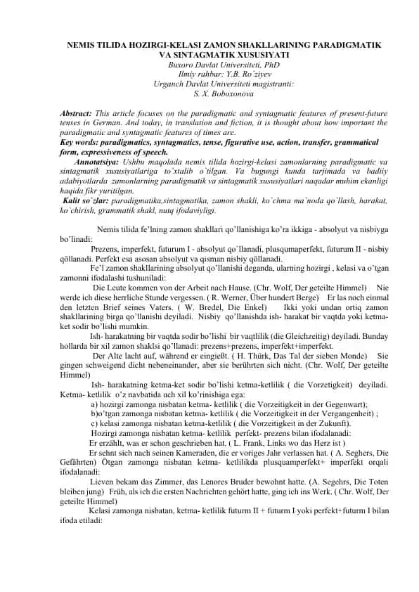 NEMIS TILIDA HOZIRGI-KELASI ZAMON SHAKLLARINING PARADIGMATIK VA SINTAGMATIK XUSUSIYATI