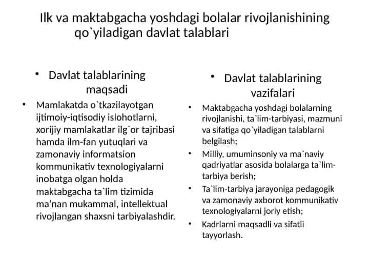 Davlat talablari maktabgacha yoshdagi bolalar rivojlanishining qo`yiladigan davlat talablari