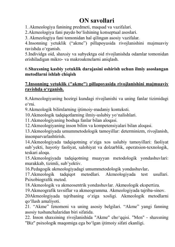 Akmeologiya fanining predmeti, maqsad va vazifalari