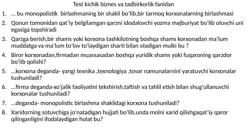 Kichik biznes va tadbirkorlik fanidan