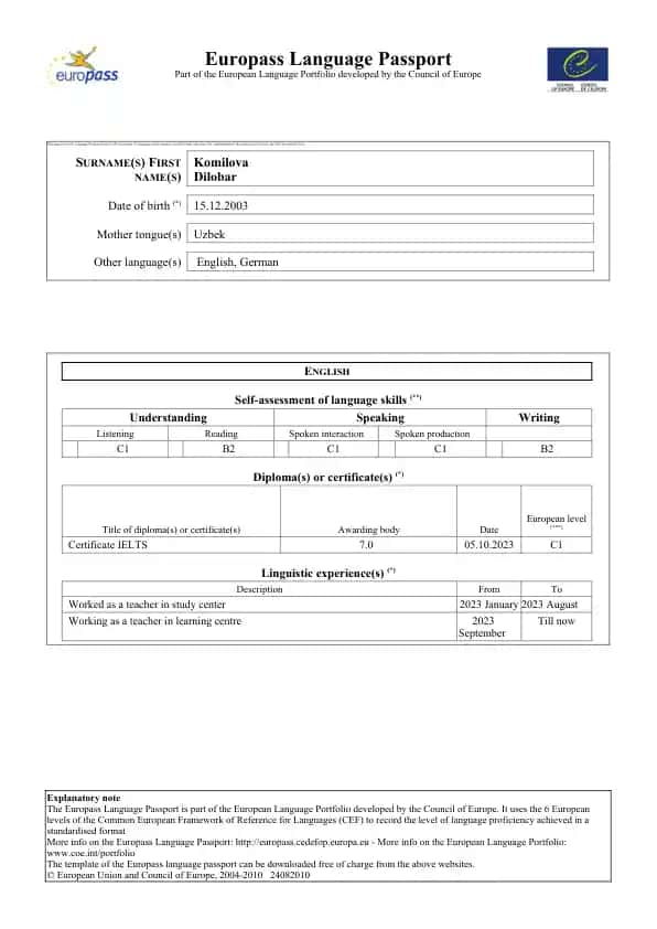 Europass Language Passport