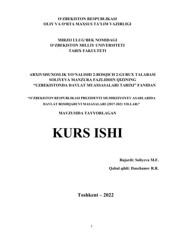“O‘zbekistonda Davlat Muassasalari Tarixi” (kurs ishi)