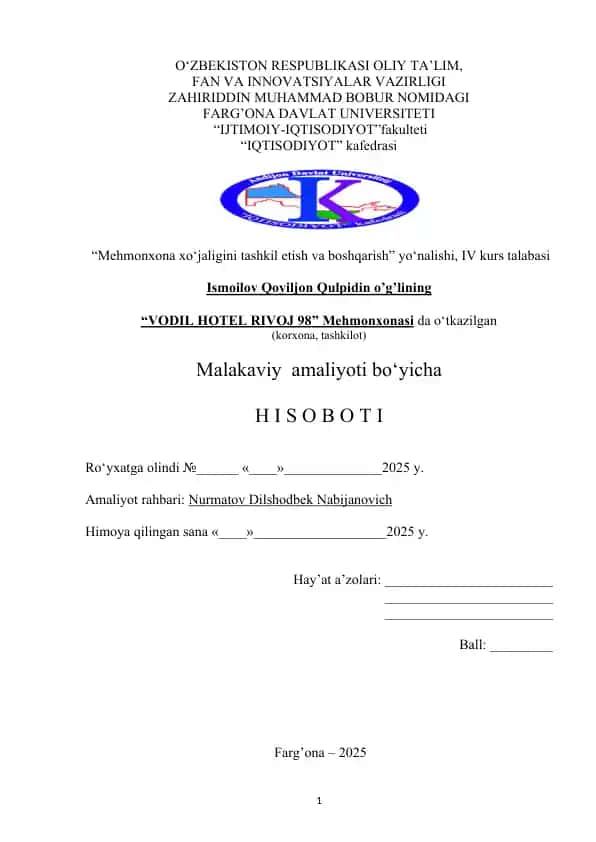 "VODIL HOTEL RIVOJ 98" Mehmonxonasi amaliyoti