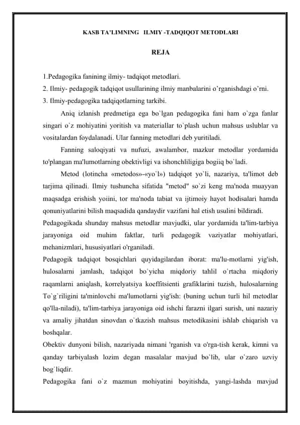 KASB TA’LIMNING ILMIY -TADQIQOT MЕTODLARI