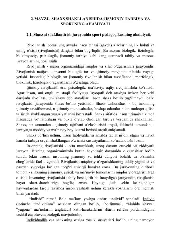 Shaxs shakllanishida jismoniy tarbiya va sportning ahamiyati