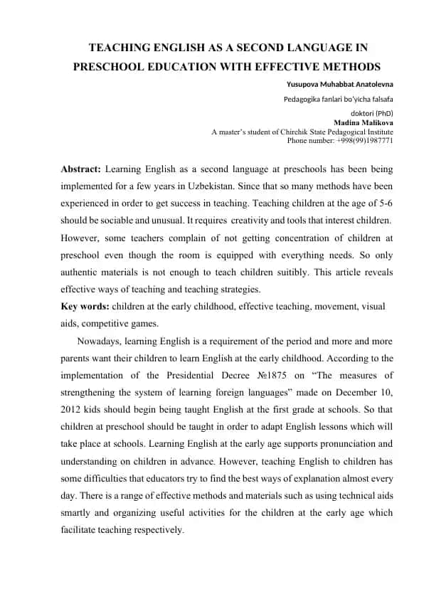 TEACHING ENGLISH AS A SECOND LANGUAGE IN PRESCHOOL EDUCATION WITH EFFECTIVE METHODS