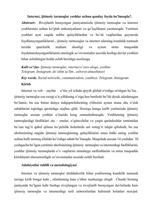 zamonaviy yoshlar hayotida ijtimoiy tarmoqlarning o'rni