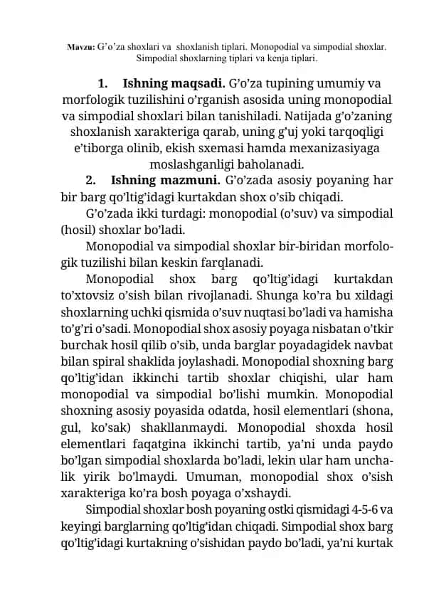 G’o’za shoxlari va shoxlanish tiplari