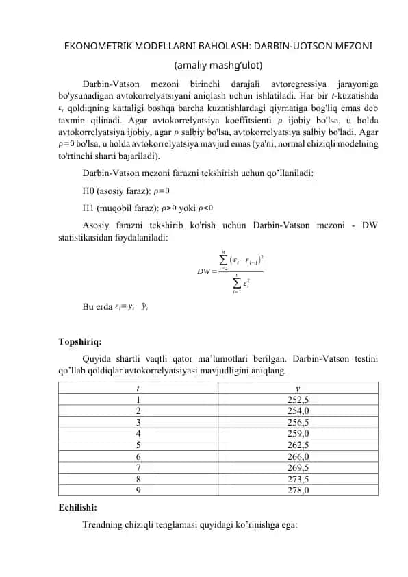 Darbin-Vatson mezoni bo‘yicha vaqtli qatorlarning qoldiqlari avtokorrelyatsiyasini aniqlash