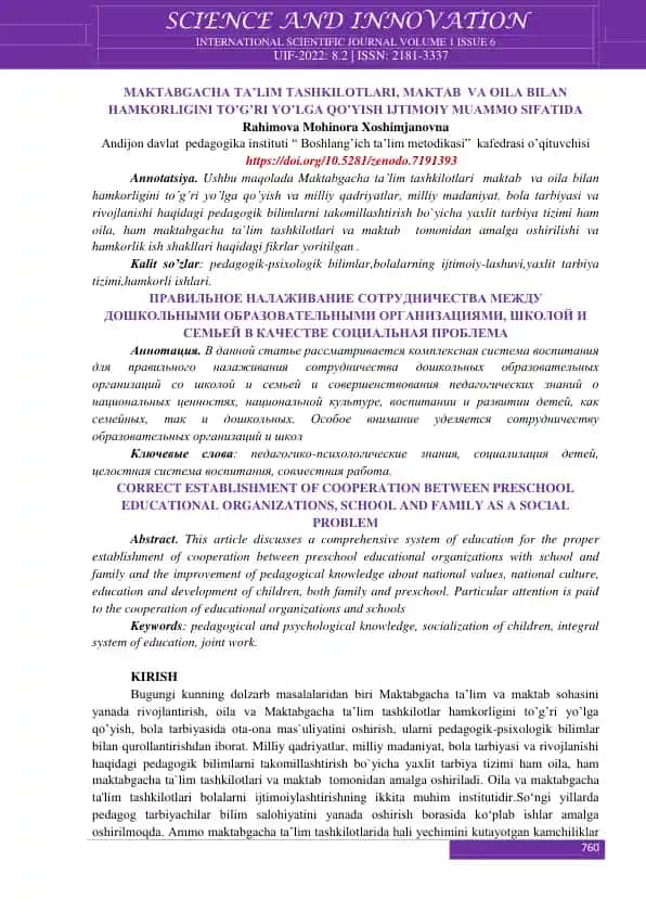 Maktabgacha ta’lim tashkilotlari, maktab va oila bilan hamkorligini to’g’ri yo’lga qo’yish ijtimoiy muammo sifatida