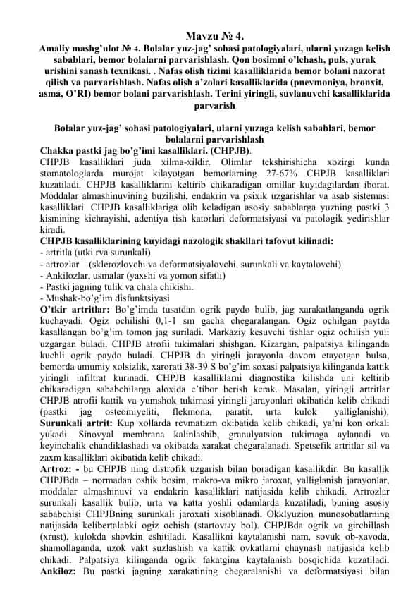 Bolalar yuz-jag’ sohasi patologiyalari va bemor bolalar parvarishlash