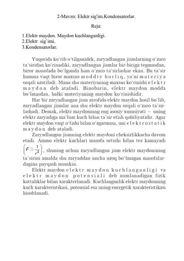 Elektr sig'im.Kondensatorlar