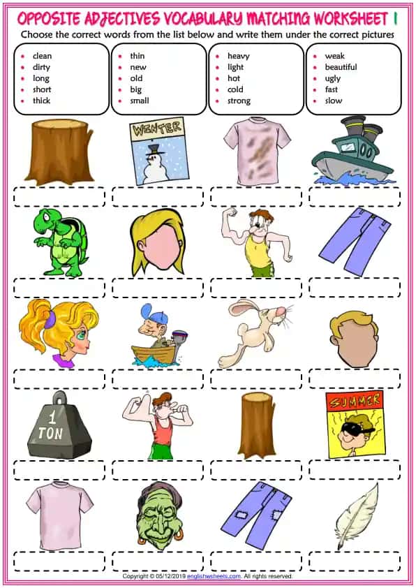 Opposite Adjectives Vocabulary Matching Worksheet