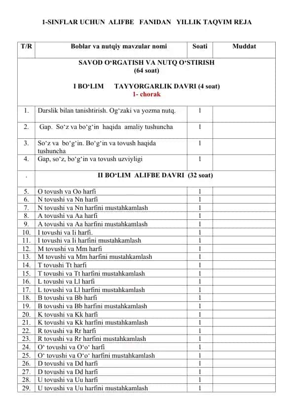1-SINFLAR UCHUN ALIFBE FANIDAN YILLIK TAQVIM REJA