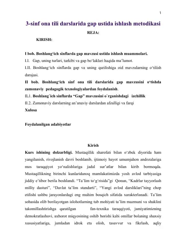 3-sinf ona tili darslarida gap ustida ishlash metodikasi