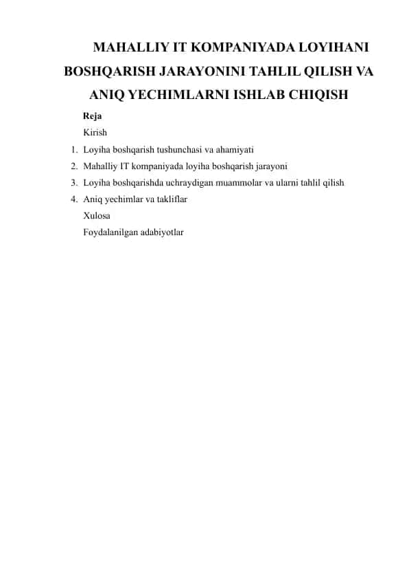 Mahalliy IT kompaniyada loyihani boshqarish jarayonini tahlil qilish va aniq yechimlarni ishlab chiqish