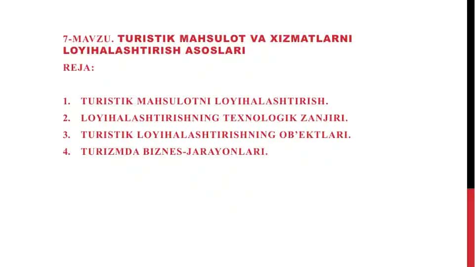 Turistik mahsulot va xizmatlarni loyihalashtirish asoslari