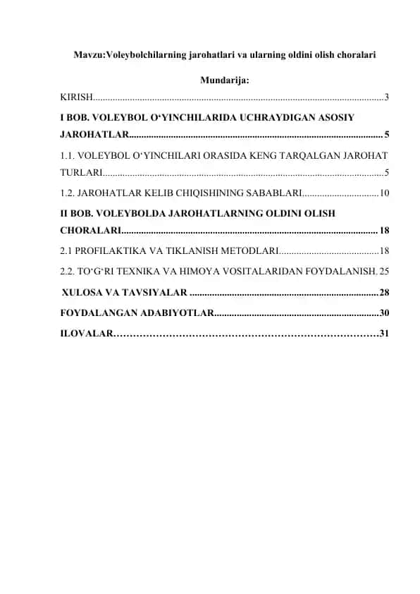 Voleybolchilarning jarohatlari va ularning oldini olish choralari100