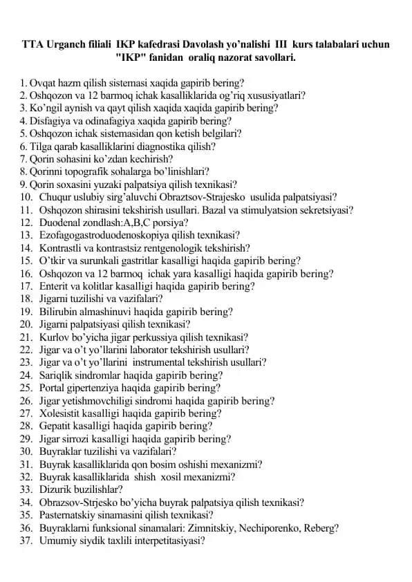Davolash yo’nalishida "IKP" fanidan oraliq nazorat savollari