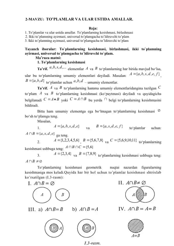 To‘plamlar va ular ustida amallar