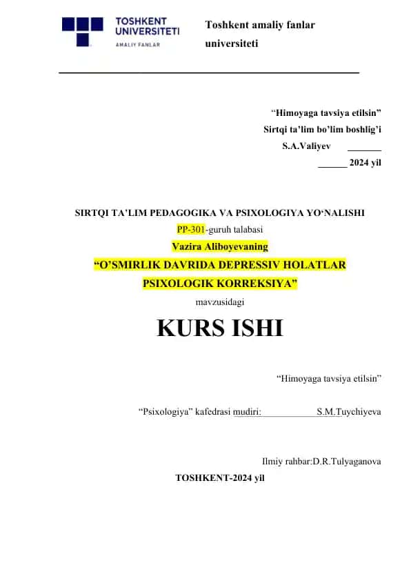 O’SMIRLIK DAVRIDA DEPRESSIV HOLATLAR PSIXOLOGIK KORREKSIYA