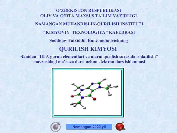 Elektron dars ishlanmasi: “III A guruh elementlari va ularni qurilish sohasida ishlatilishi”