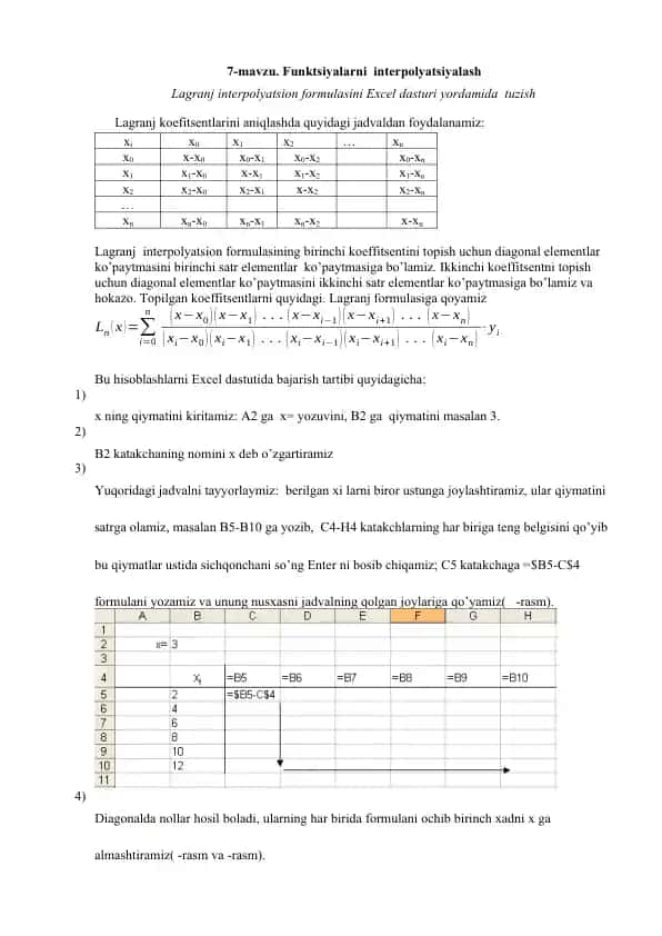 Lagranj interpolyatsiyalash formulasini Excel dasturi yordamida tuzish