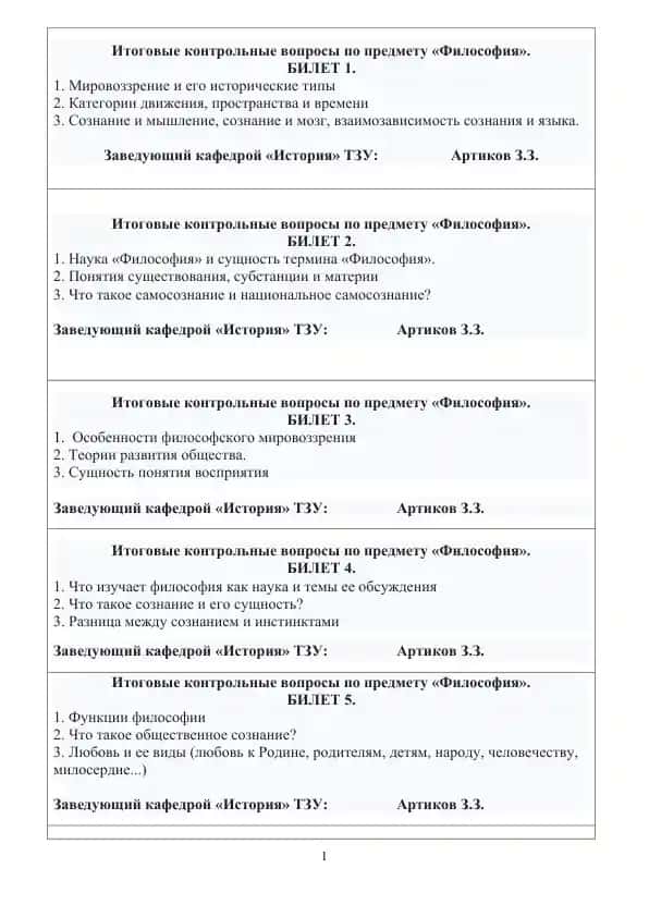 Итоговые контрольные вопросы по предмету «Философия»