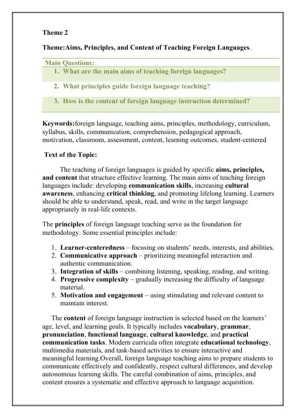 Aims, Principles, and Content of Teaching Foreign Languages