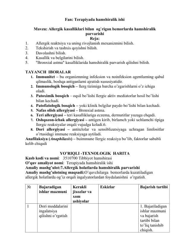 Terapiyada hamshiralik ishi