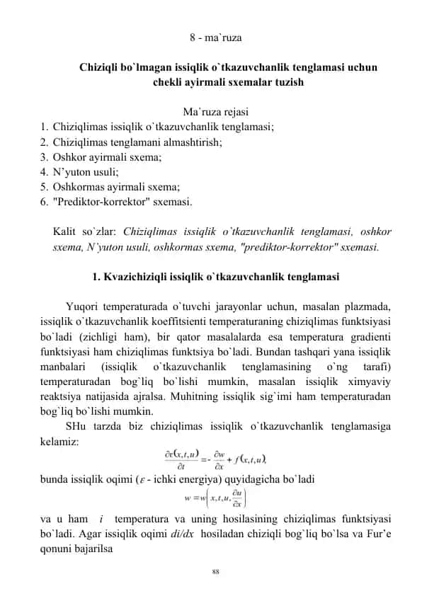Chiziqlimas issiqlik o`tkazuvchanlik tenglamasi