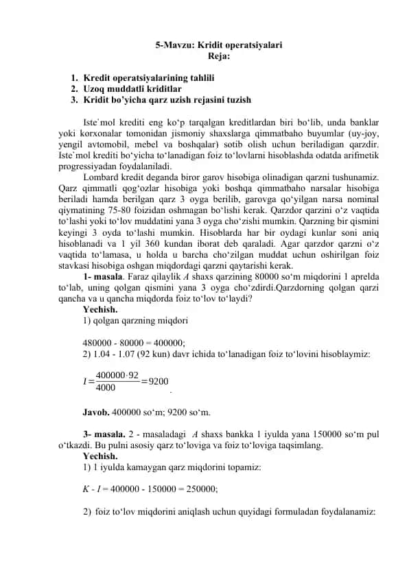 Kridit operatsiyalari