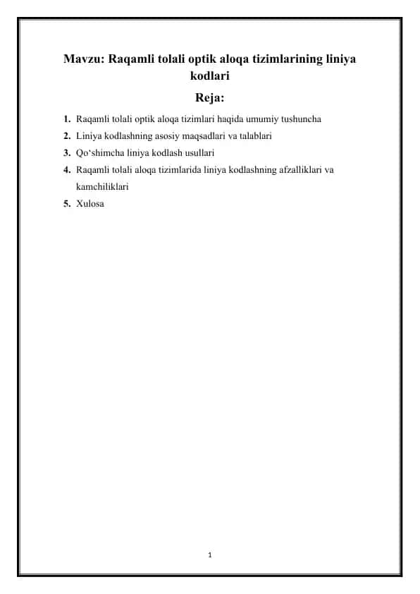 Raqamli tolali optik aloqa tizimlarining liniya kodlari