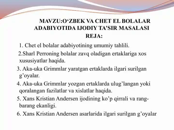 O‘ZBEK VA CHET EL BOLALAR ADABIYOTIDA IJODIY TA’SIR MASALASI
