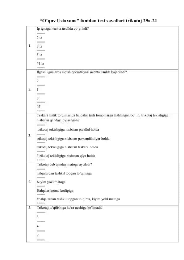 O’quv Ustaxona fanidan test savollari trikotaj 29a-21