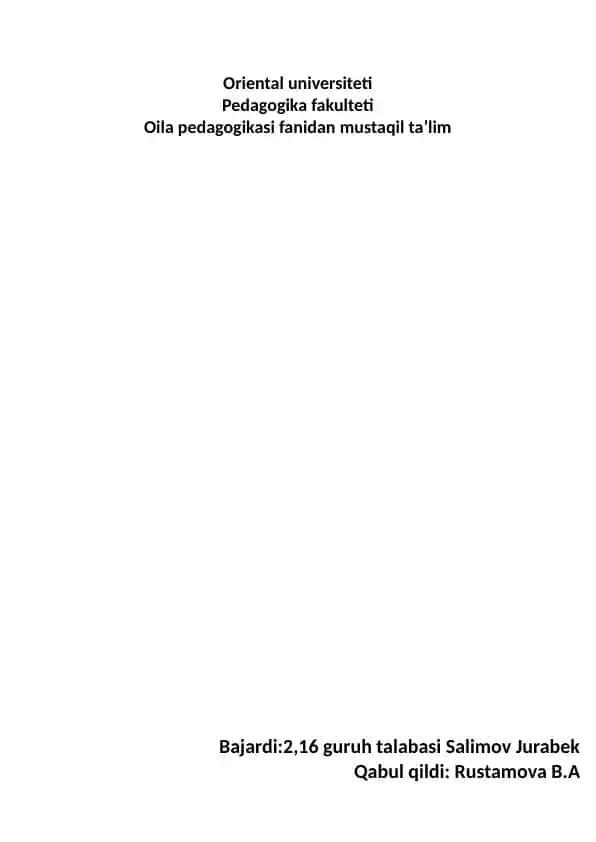 O‘zbekistonda Oila Pedagogikasi Fanining Rivojlanishi Tarixi