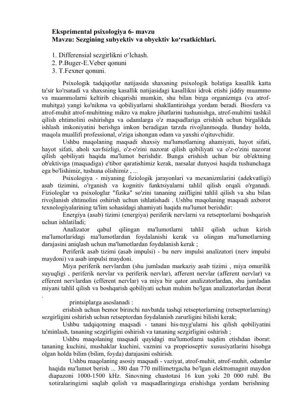 Eksperimental psixologiya 6- mavzu