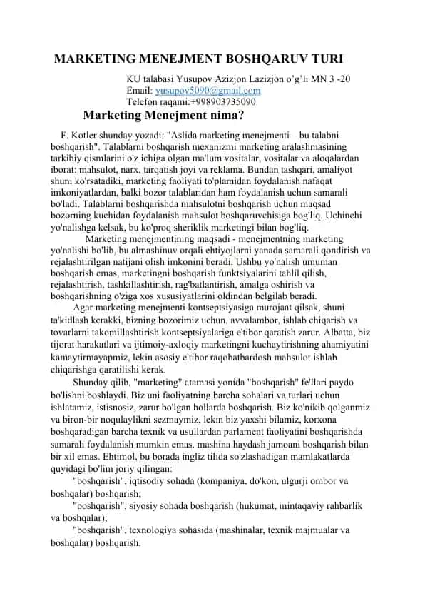 MARKETING MENEJMENT BOSHQARUV TURI