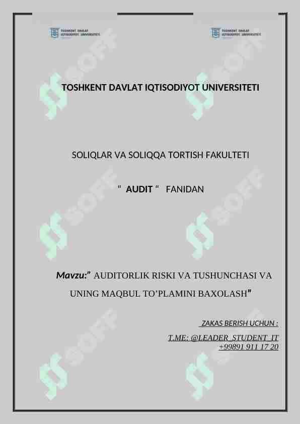 AUDITORLIK RISKI VA TUSHUNCHASI VA UNING MAQBUL TO’PLAMINI BAXOLASH