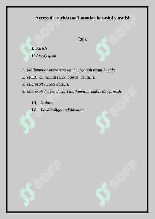 Access dasturida ma'lumotlar bazasini yaratish