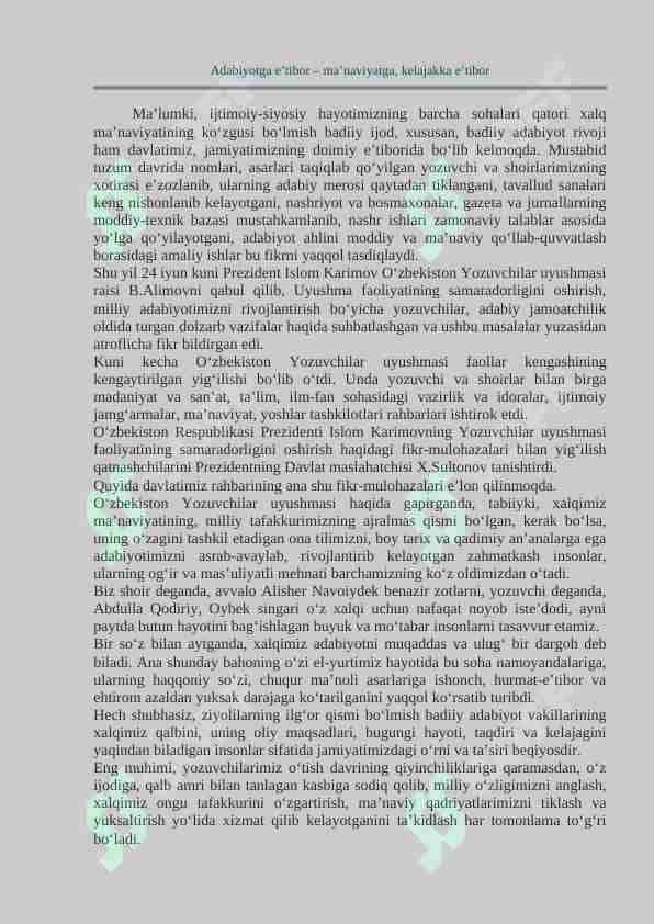 Adabiyotga e’tibor – ma’naviyatga, kelajakka e’tibor