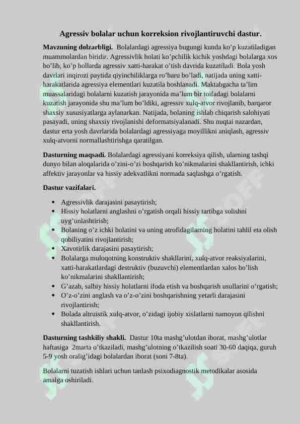 Agressiv bolalar uchun korreksion rivojlantiruvchi dastur