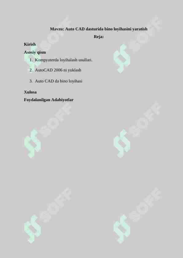 Auto CAD dasturida bino loyihasini yaratish