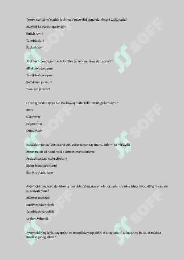 Avtomobillarni ishlab chiqarish va ta'mirlash fanidan 50 talik test