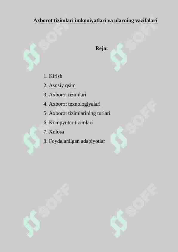 Axborot tizimlari imkoniyatlari va ularning vazifalari